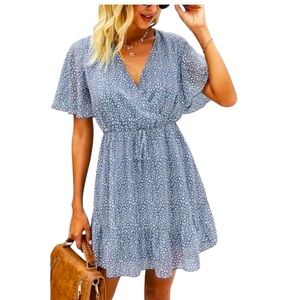 Kirundo Blue Print Short Sleeve Ruffle Dress Size Large Knee Length Summer Party